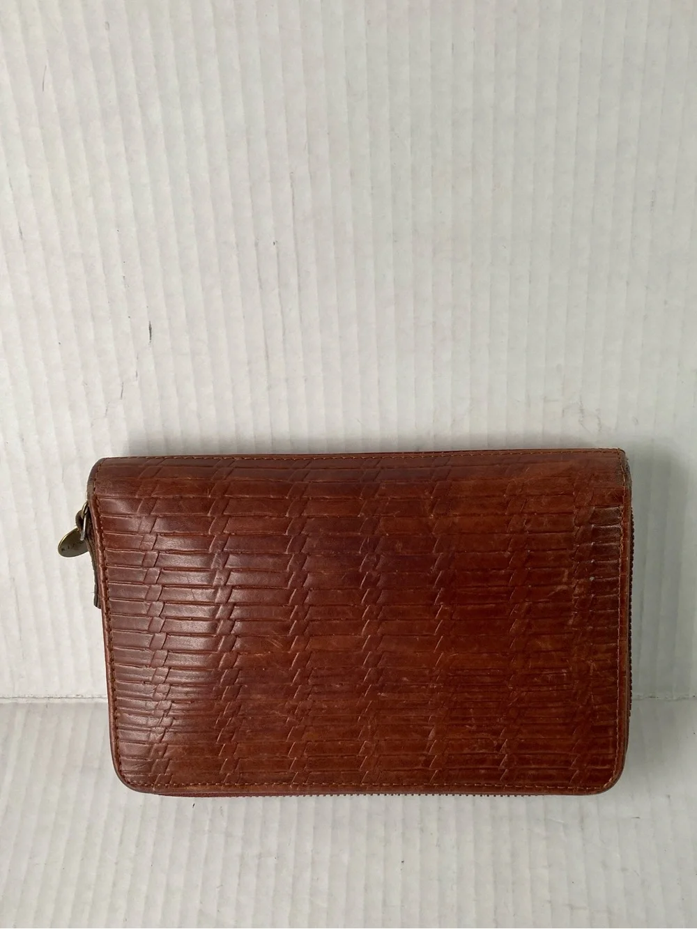 RIP CURL Brown Woven Leather Zip Around Wallet RFID Palm Tree Lined - Picture 3 of 10